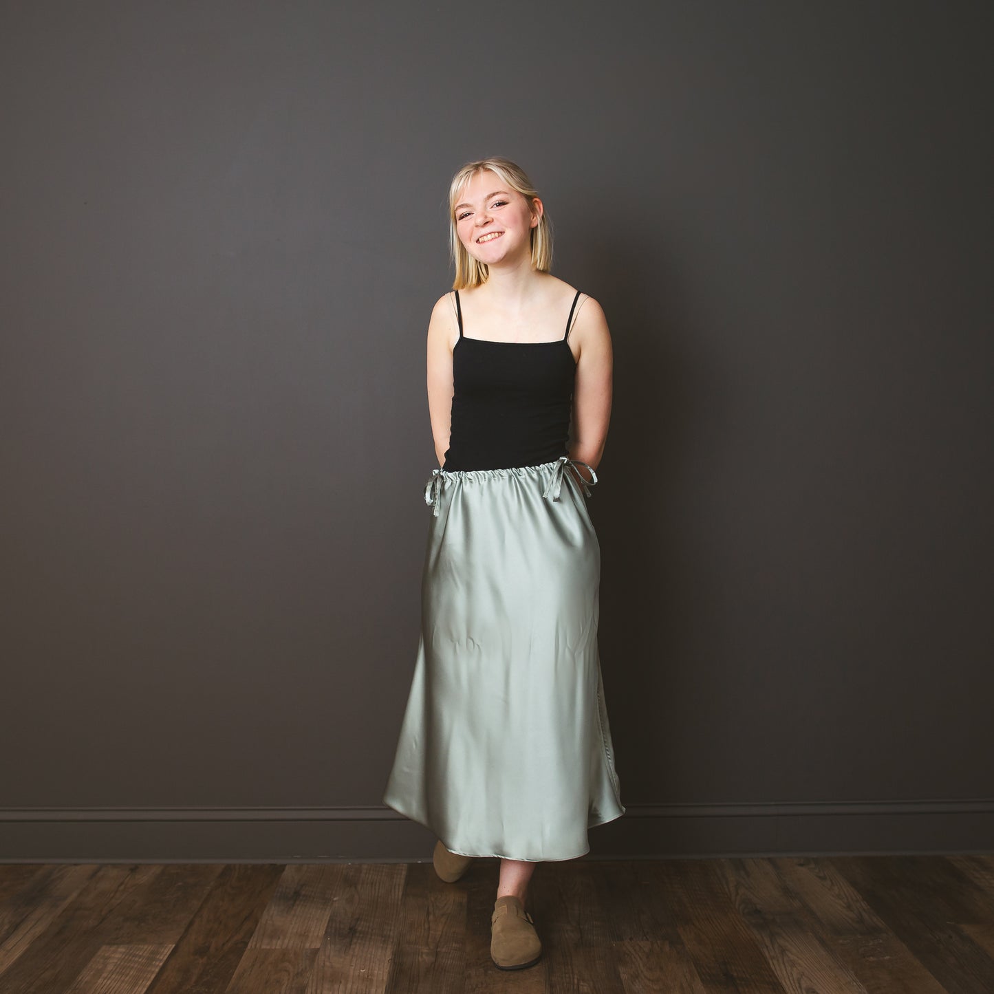 Sage green satin adjustable waist skirt