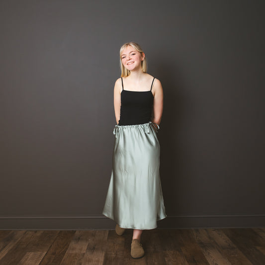 Sage green satin adjustable waist skirt