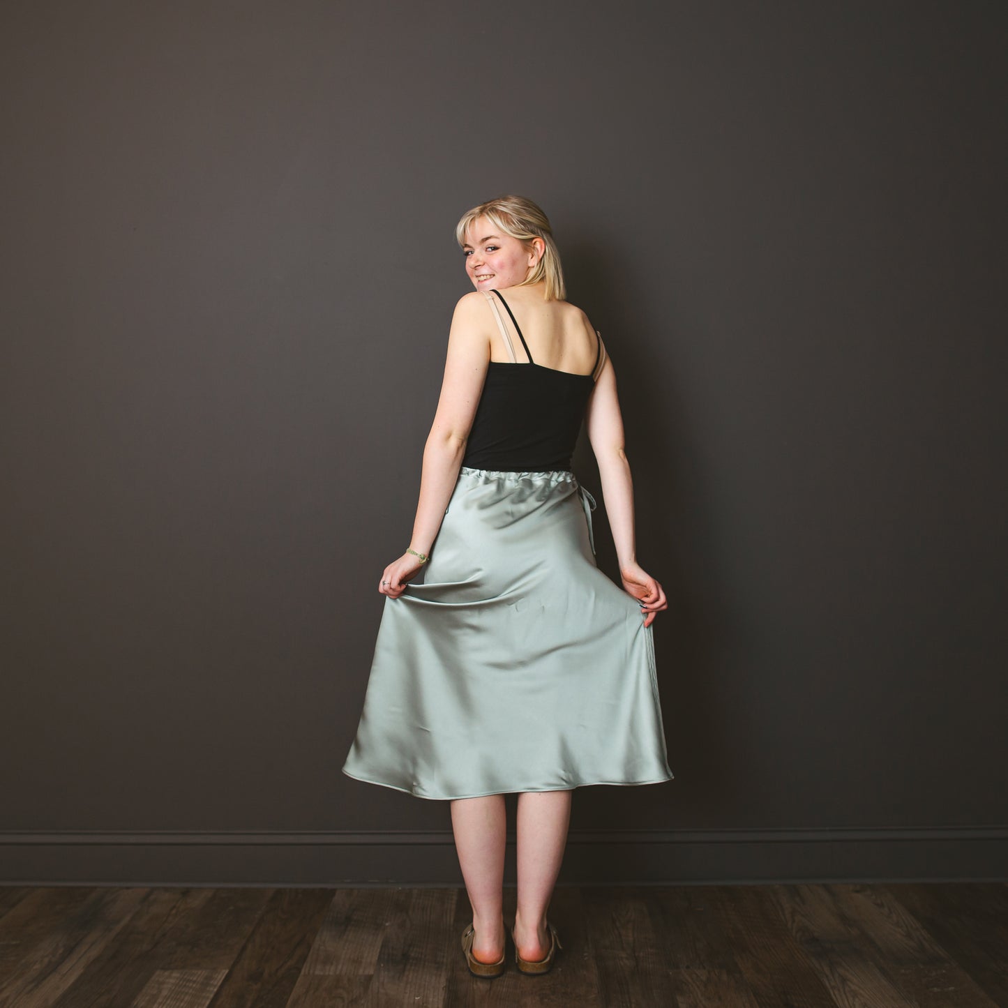 Sage green satin adjustable waist skirt