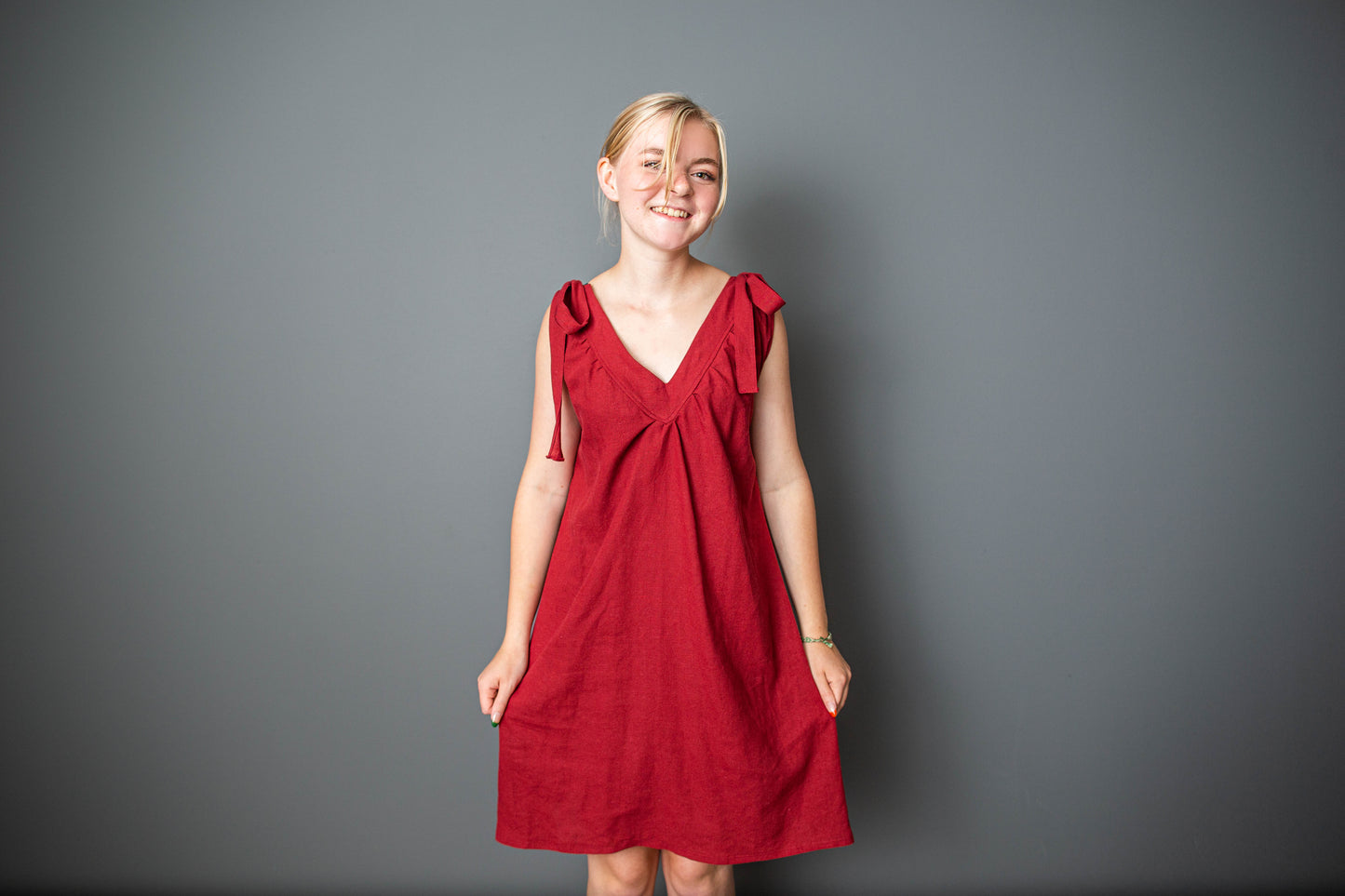 Red linen dress with elastic back and tie straps