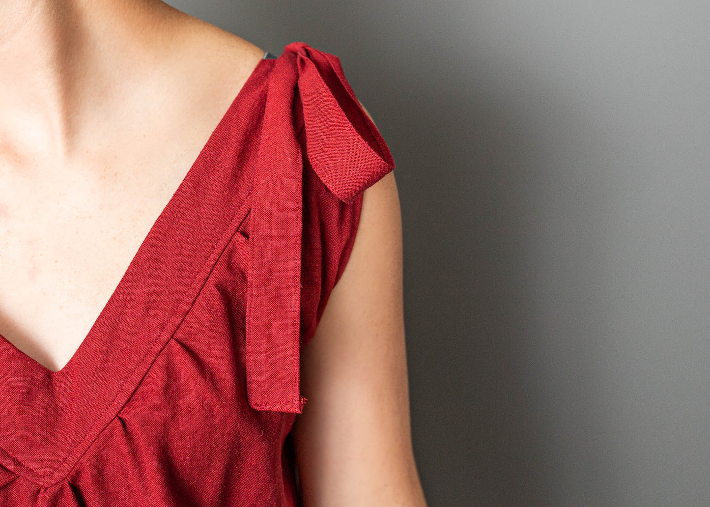 Red linen dress with elastic back and tie straps