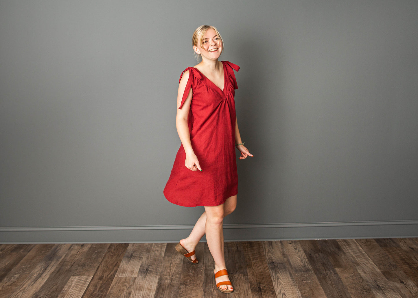 Red linen dress with elastic back and tie straps