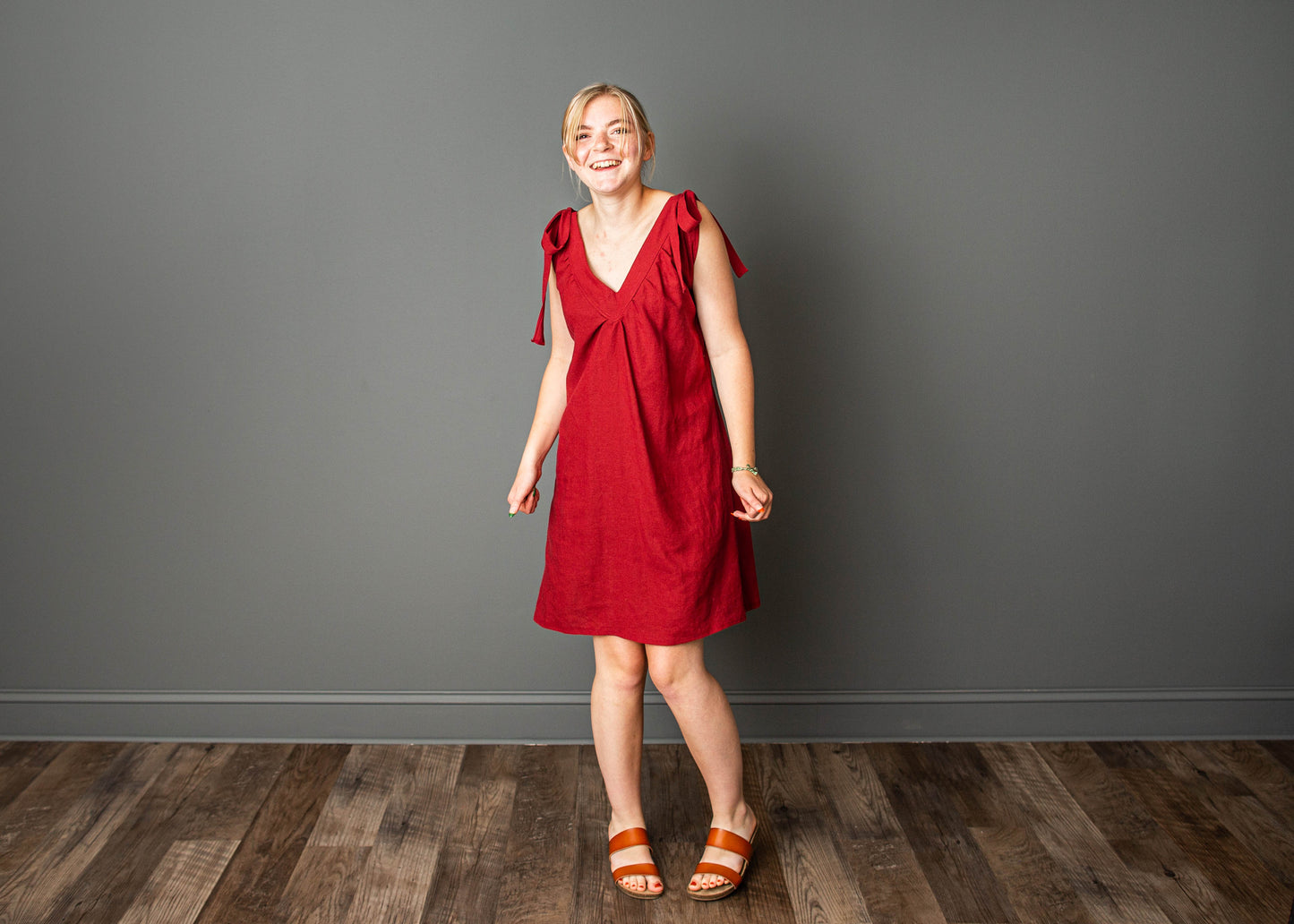 Red linen dress with elastic back and tie straps