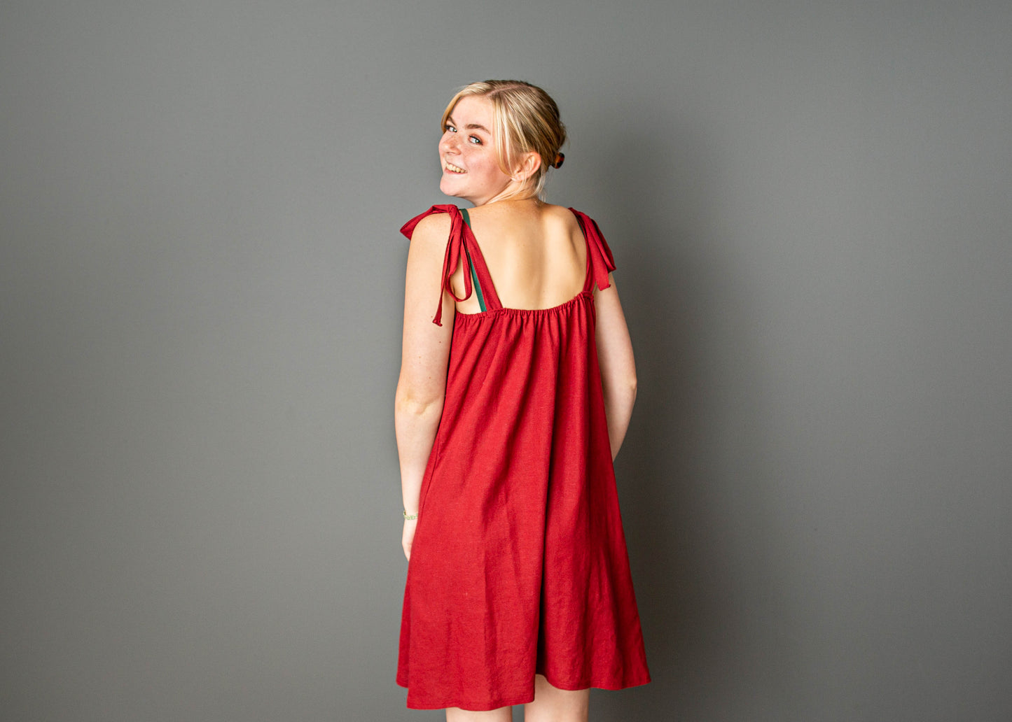 Red linen dress with elastic back and tie straps