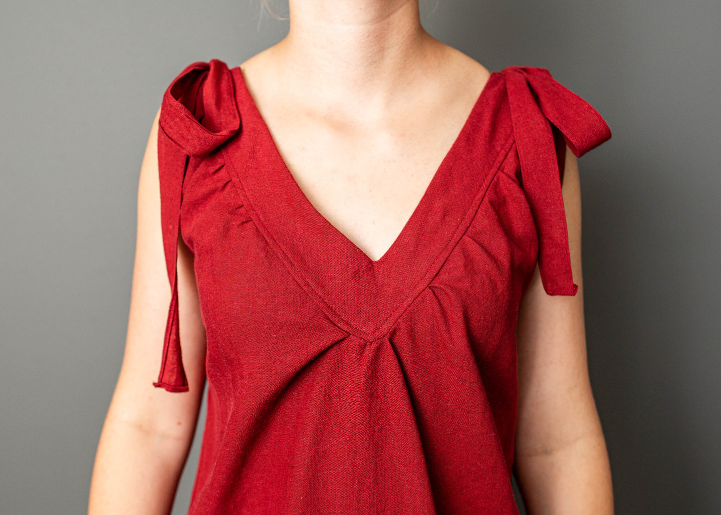 Red linen dress with elastic back and tie straps