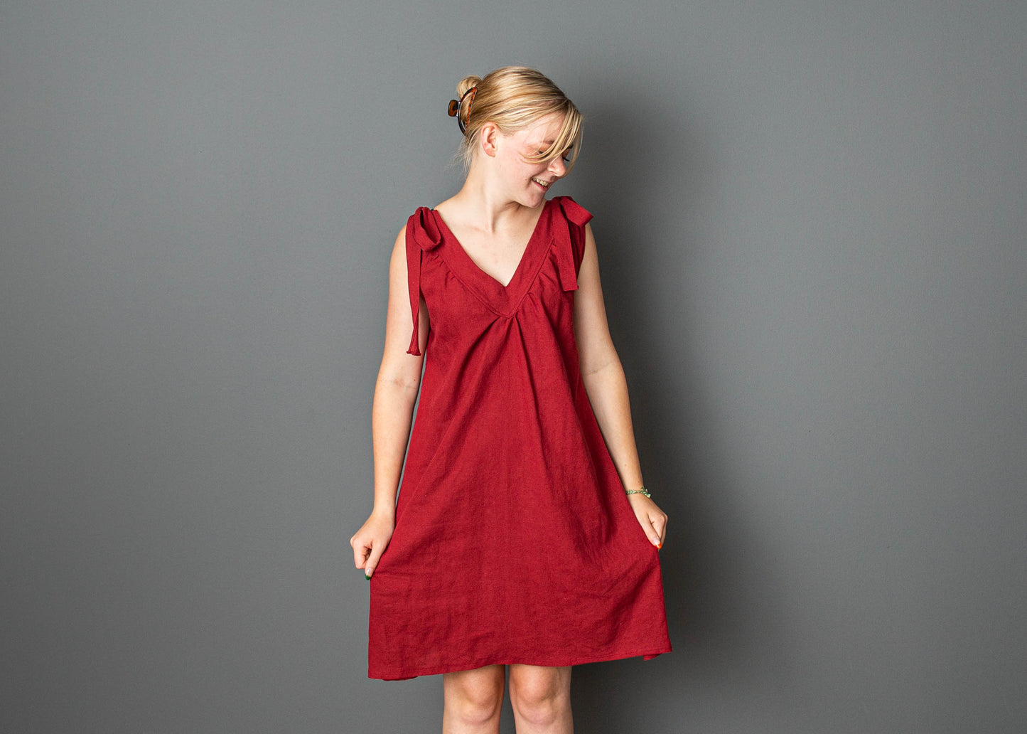 Red linen dress with elastic back and tie straps