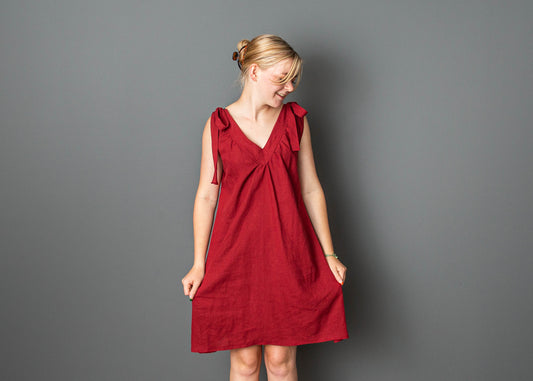 Red linen dress with elastic back and tie straps