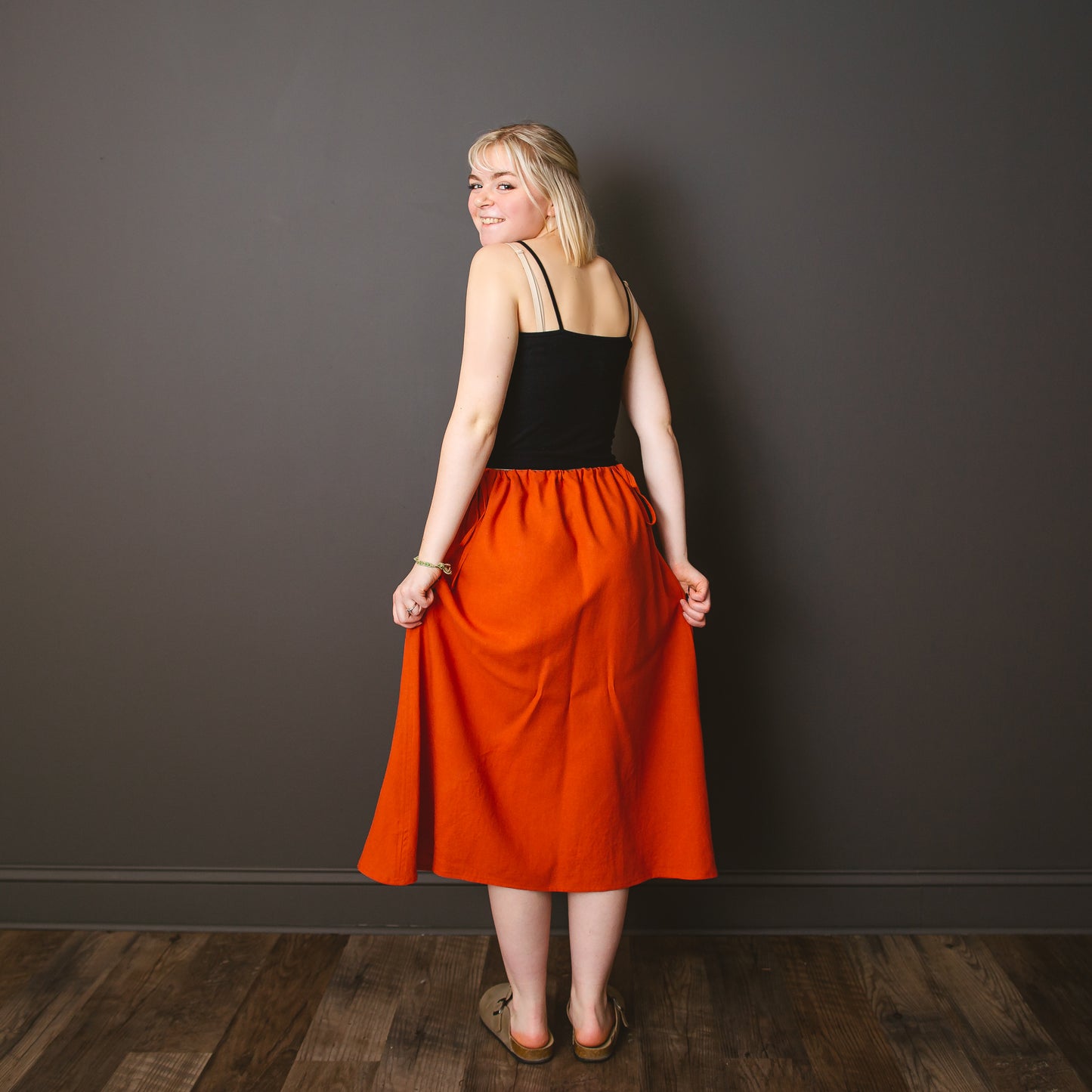 Orange linen adjustable waist skirt