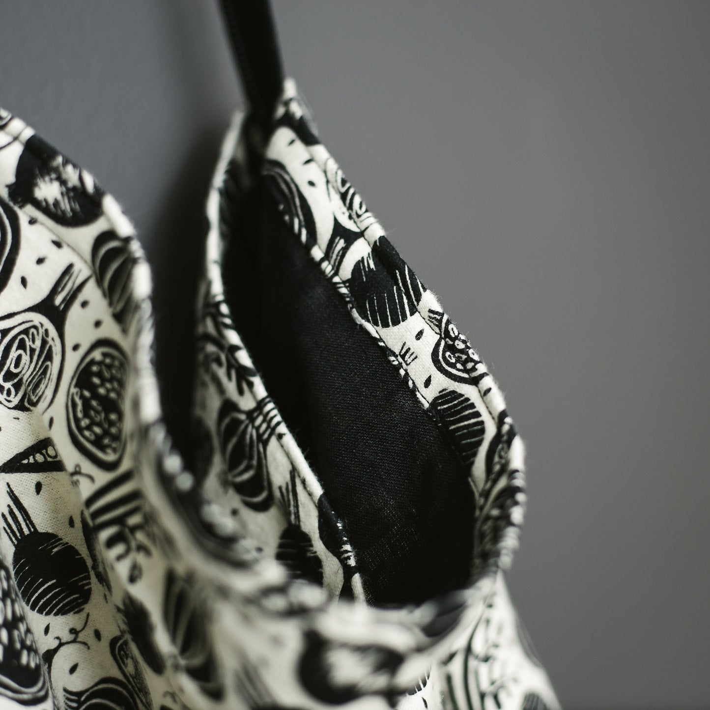 Bow Tie Strap Tote Bag in Black and White Vegetable Print