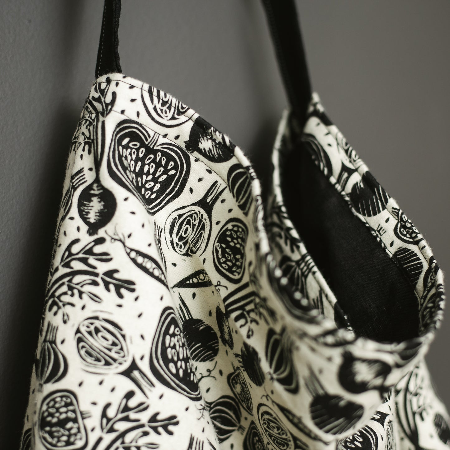 Bow Tie Strap Tote Bag in Black and White Vegetable Print